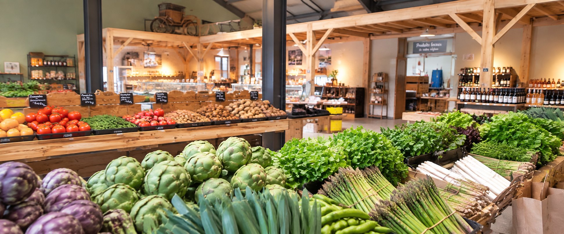 La boutique du Domaine des Arbres Blancs : étals de légumes frais et produits locaux