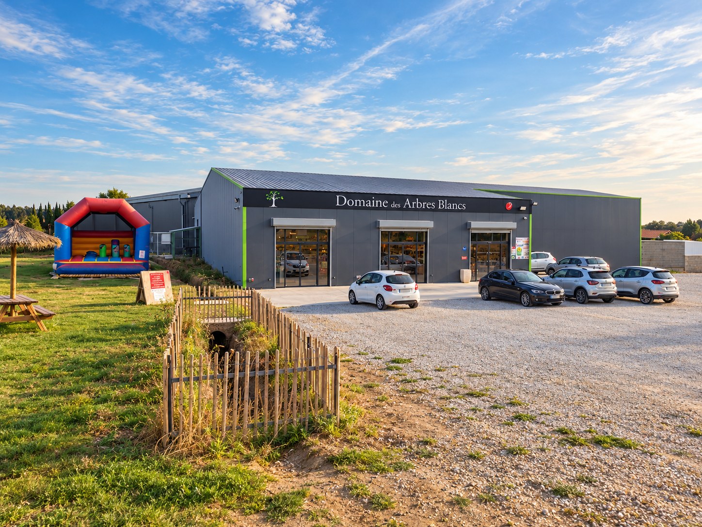 Le magasin du Domaine des Arbres Blancs à Bages, son parking et son aire de jeux